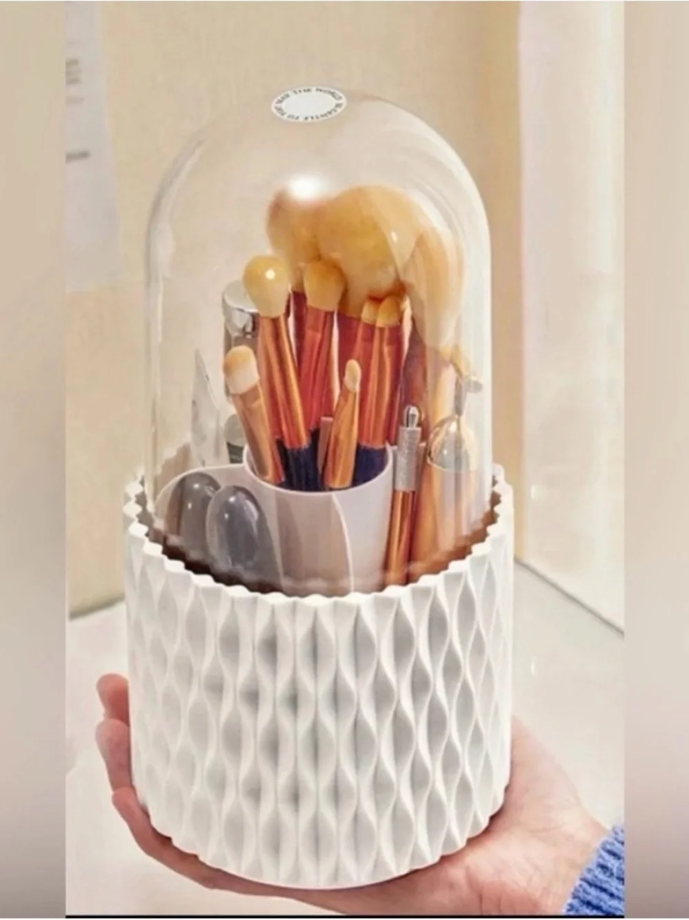 Rotating White Cosmetic Organizer with Clear Dome